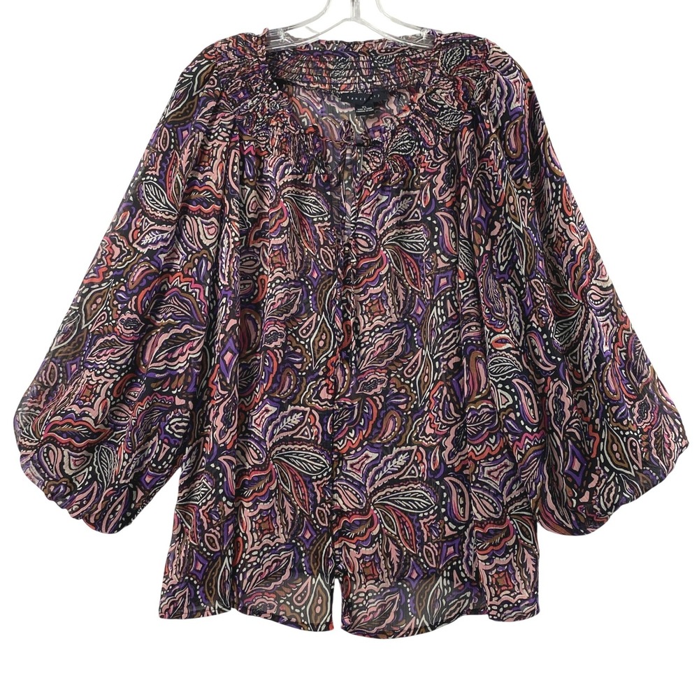 Sanctuary Blouse Women XL Floral Leaf Smocked Neck Balloon Sleeve Boho Sheer Top